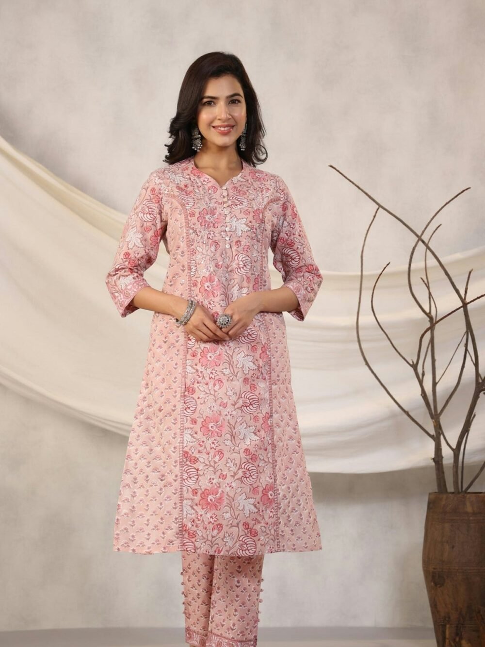 Rose Block Print A-Line Kurta Set - photo 1